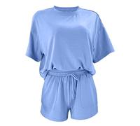 Generisch Jersey de manga corta para mujer con pantalones cortos, juego de un solo color, aspecto veraniego, cuello redondo, moda de punto, ropa cómoda, dos piezas, azul, XL