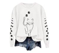 Generisch Jersey de manga larga para mujer, sudadera sin capucha, suéter de Navidad para mujer, informal, bonito gato, estampado gráfico, manga larga, sudaderas sueltas, blusas, Blanco, L