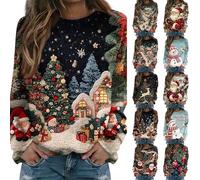 Generisch Jersey de Navidad para mujer | Diseño de árbol de Navidad y San Nicolás en 3D | Divertido jersey de punto navideño con motivos de casa y regalo | Camiseta de punto cálida para invierno |