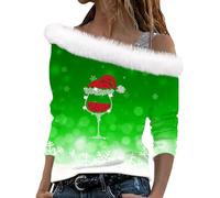 Generisch Jersey de Navidad para mujer, diseño de copa de vino tinto, de felpa, hombros descubiertos, manga larga, con correa para el hombro, traje sexy para fiesta de Navidad, A2, verde., XXL