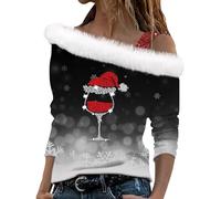 Generisch Jersey de Navidad para mujer, diseño de copa de vino tinto, de felpa, hombros descubiertos, manga larga, con correa para el hombro, traje sexy para fiesta de Navidad, A2 negro., M