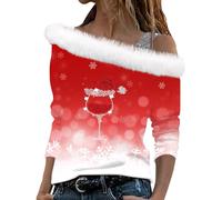 Generisch Jersey de Navidad para mujer, diseño de copa de vino tinto, de felpa, hombros descubiertos, manga larga, con correa para el hombro, traje sexy para fiesta de Navidad, A2 rojo., M