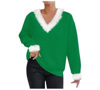 Generisch Jersey de Navidad para mujer, informal, liso, suelto, manga larga, cuello en V, forro polar, a cuadros, verde, XL