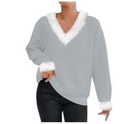 Generisch Jersey de Navidad para mujer, informal, liso, suelto, manga larga, cuello en V, forro polar, a cuadros, gris, L