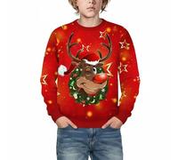 Generisch Jersey de Navidad para pequeños con reno muñeco de nieve Papá Noel patrón forro polar manga larga cuello redondo invierno sudadera cálida ropa adolescente, rojo, 7-8 años