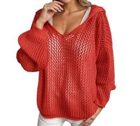 Generisch Jersey de punto boho para mujer, punto de ganchillo, parte superior de malla de verano, cubierta de verano, jersey de punto ligero, jersey de malla, playa, manga larga, jersey, R rojo., XXL