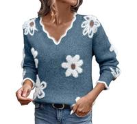 Generisch Jersey de punto para mujer con estampado de margaritas - Jersey con borde ondulado en el cuello en V · Parte superior divertida para un aspecto femenino, Estilo/I01 Azul, S