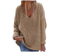 Generisch Jersey de punto para mujer, jersey de punto de manga larga, elegante, cuello en V, parte superior, corte regular, informal, camiseta de manga larga, jersey de punto grueso, moda, marrón, 6 1