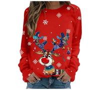 Generisch Jersey navideño divertido para mujer, básico, elegante, cuello redondo, cabeza de ciervo, patrón de Navidad, disfraz de Navidad, otoño e invierno, sudadera Rudolph, reno, camiseta de Navidad
