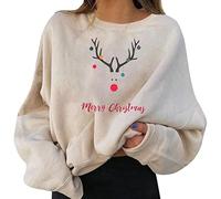 Generisch Jersey navideño para mujer Christmas Top navideño Suéter navideño Divertido Jersey navideño Xmas Pullover Cálido con estampado Manga larga Blusa Sweater, beige, M
