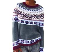 Generisch Jersey noruego para mujer, elegante, cálido, suéter de invierno, tallas grandes, jersey de punto estampado, cuello redondo, suéter informal, suéter de lana, cómodo y suave, S