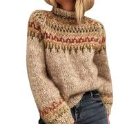 Generisch Jersey noruego para mujer, elegante, cálido, suéter de invierno, tallas grandes, jersey de punto estampado, cuello redondo, suéter informal, suéter de lana, cómodo y suave, Khaki2, M