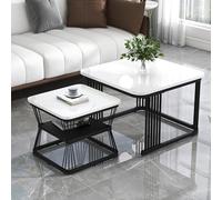 Generisch Juego de 2 mesas auxiliares modernas con aspecto de mármol y estructura tubular de acero, 65 x 65 x 45 cm + 45 x 45 x 39,5 cm, color blanco brillante y negro mate