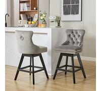 Generisch Juego de 2 taburetes de bar con función giratoria 360°, tapizado de terciopelo, acolchado con botones y patas de madera, color gris - cómodas sillas de bar con remaches cromados para isla de