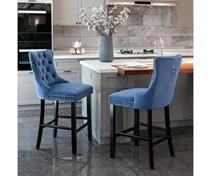 Generisch Juego de 2 taburetes de bar de terciopelo azul con acolchado de botones, patas de madera y altura ajustable, elegantes sillas de bar para cocina, salón y apartamento, alta capacidad de carga