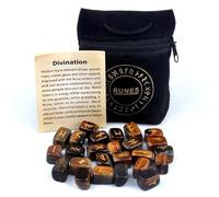 Generisch Juego de 25 runas de piedra natural - runas vikingas para oráculo, adivinación y meditación - Juego de piedras rúnicas espirituales esoterismo idea de regalo - varios sets (ojo de tigre)