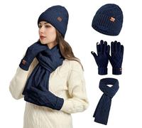 Generisch Juego de 3 guantes para mujer, gorro de invierno con forro polar, para pantalla táctil, guantes térmicos de punto para el invierno, marine, Talla única