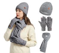 Generisch Juego de 3 guantes para mujer, gorro de invierno con forro polar, para pantalla táctil, guantes térmicos de punto para el invierno, Gris claro., Talla única