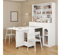 Generisch Juego de armario de cocina con mesa de comedor plegable con ruedas, armario de cocina móvil con espacio de almacenamiento, muebles de cocina 2 en 1 para cocina, comedor, salón, color blanco