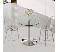 Generisch Juego de barra flexible con mesa redonda de cristal de 89 cm y 2 taburetes de bar transparentes, estructura de metal plateado con reposapiés, estable, para cocinas abiertas y salas de estar