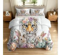 Generisch Juego de cama con diseño de bosque de acuarela, 135 x 200 cm, sin funda, diseño de tigre, conejo, flores, lavable, color blanco, no necesita planchado, respetuoso con la piel, tamaño