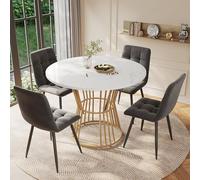 Generisch Juego de comedor moderno de 5 piezas con tablero de fibra de densidad media redonda (100 cm, efecto mármol), sillas de terciopelo y patas de metal doradas, elegante juego de mesa de cocina