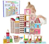 Generisch Juego de Construcción Madera,150 Piezas Construccion Niños Madera,Bloques Maderas Natural Colores,Montessori Juguetes para Bloques de Construccións para Niños y Niñas