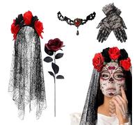 Generisch Juego de disfraz de Día de los Dead - Disfraz de novia gótica para mujer, disfraz de Deads Costume con diadema y cara de Halloween, día de