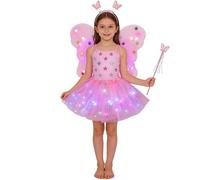 Generisch Juego de disfraz de hadas luminoso para carnaval con varita mágica, cuatro accesorios de flores, alas flotantes, Rosa., 3-9 años
