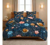 Generisch Juego de edredón sin funda de 240 x 220 cm, con 2 fundas de almohada de 80 x 80 cm, diseño de bosque de fantasía para todo el año, lavable, 3 piezas, diseño de caracol, setas y flores