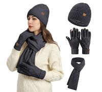Generisch Juego de guantes de invierno para mujer, gorro de punto, gorro de invierno con forro polar, guantes para pantalla táctil, bufanda, gorro 3 en 1, #2-b-gris, Talla única