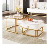 Generisch Juego de mesa de café apilable con acabado de mármol brillante, cristal marrón té y detalles dorados. Diseño de 2 piezas con prácticos cajones para una sala de estar elegante