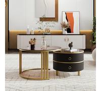 Generisch Juego de mesa de centro redonda 2 en 1 con 2 cajones y tablero doble de MDF brillante + cristal templado marrón - Combinación de salón que ahorra espacio (70 x 70 x 45 cm + 50 x 50 x 40 cm