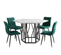 Generisch Juego de mesa de comedor moderno de 5 piezas con tablero de mármol de 6 esquinas y 4 sillas de terciopelo verde - Diseño elegante para vivir con estilo (115,5 x 100 cm, material de fibra de