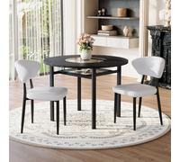 Generisch Juego de mesa redonda con 2 sillones blancos de poliuretano, 100 cm de diámetro, aspecto de madera negra con intarsia de cristal, respaldo ergonómico, para comedor, salón, cocina abierta