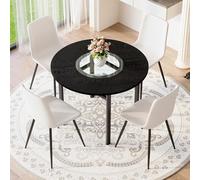 Generisch Juego de mesa redonda con 4 sillones de poliuretano blancos, 100 cm de diámetro, mesa de comedor en imitación de madera negra con intarsia de cristal y estante de almacenamiento, para