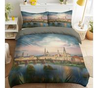 Generisch Juego de ropa de cama con diseño romántico de ciudad europea, 200 x 200 cm, 3 piezas, funda nórdica de microfibra con 2 fundas de almohada de 80 x 80 cm, color verde