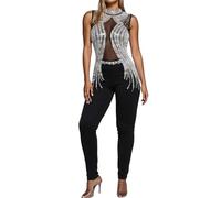 Generisch Jumpsuits - Mono de malla con diamantes de imitación para mujer, sin mangas, mono de una pieza, bodycon transparente que realza la figura, una pieza, Negro , XL