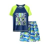 Generisch Jungen Bademode Set 2-Teilig Schwimmshirt und Badehose mit Aufdruck Sommer Strand Outfit für Kinder im Alter Von 7-12 (Blue, 9-10 Years)