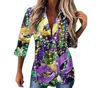 Generisch Karneval Damen-Oberteile mit Pailletten-Aufdruck, V-Ausschnitt, glitzernde Blusen, lockere, langärmelige, glänzende Hemden für Feiertage, Abend, Party (Purple, S) Karneval Kostüm