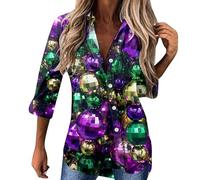 Generisch Karneval Damen-Oberteile mit Pailletten-Aufdruck, V-Ausschnitt, glitzernde Blusen, lockere, langärmelige, glänzende Hemden für Feiertage, Abend, Party (Green, XXL) Karneval Kostüm