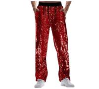 Generisch Karneval Herren Karneval Spezial Glitzer Lässige Hose mit weitem Bein Festival Mode Außenhandel Lockere Bequeme Hose (Red, L) Karneval Kostüm