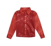 Generisch Karneval Kinder Mädchen Glitzerndes Pailletten-Tanzoberteil Jungen Langarmshirt mit Knopfleiste für Jazz-Tanz-Performance-Kostüm (Red, 9-10 Years) Karneval Kostüm