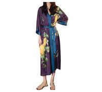 Generisch Kimono de seda de lujo de satén con estampado floral para mujer, sensación fresca, manga 3/4, bata de baño, bata de noche cálida, Color morado oscuro., Talla única