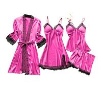 Generisch Kimono para mujer, japonés, satén, conjunto de novia, albornoz sexy, vestido de sauna, ligero, corto, pijama, bata, 4 unidades, 01 Rosa caliente., 3XL