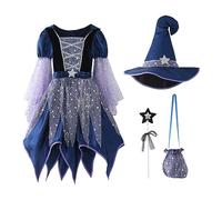 Generisch Kinder Halloween Cosplay Bühne Spielen Performance Kleid Hut Tasche Stick Vier Stück Outfits Set Für Kinder Kleidung (Blue, 4-5 Years)