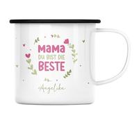 Generisch Kleinebuchstaben® Taza personalizada esmaltada para el Día de la Madre - Mama du bist die Beste [Nombre deseado] Regalo de cumpleaños, agradecimiento, Navidad, color negro