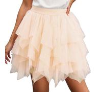 Generisch Kurzer, asymmetrischer Lagenrock Mesh, hochtailliert, bauschig, für den Sommer (Beige, L)