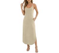 Generisch Lässiges, ärmelloses Strandkleid mit Rundhalsausschnitt, Spaghettiträgern und Taschen für sommerliche Ausflüge (Beige, L)