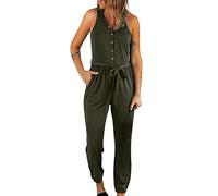 Generisch Las Mujeres Casual Peleles Sin Mangas Sólido Cuello En V Cintura Elástica Cintura Belted Beam Largo Mameluco Mono con Bolsillo, Verde militar., L